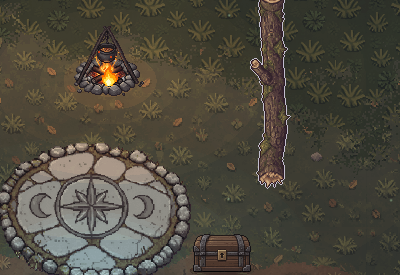 Act I: a campfire and a log by a stone circle on the outskirts