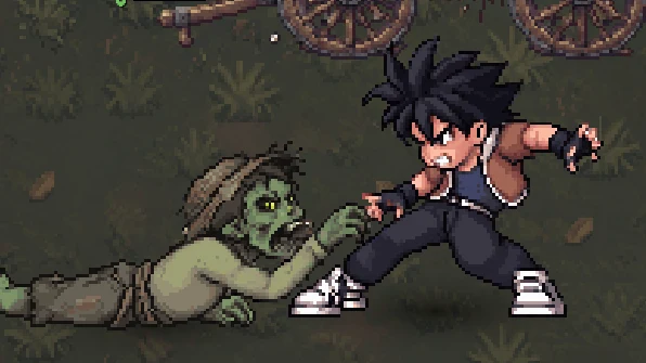 A zombie crawls out from under a cart and bites the hero's leg